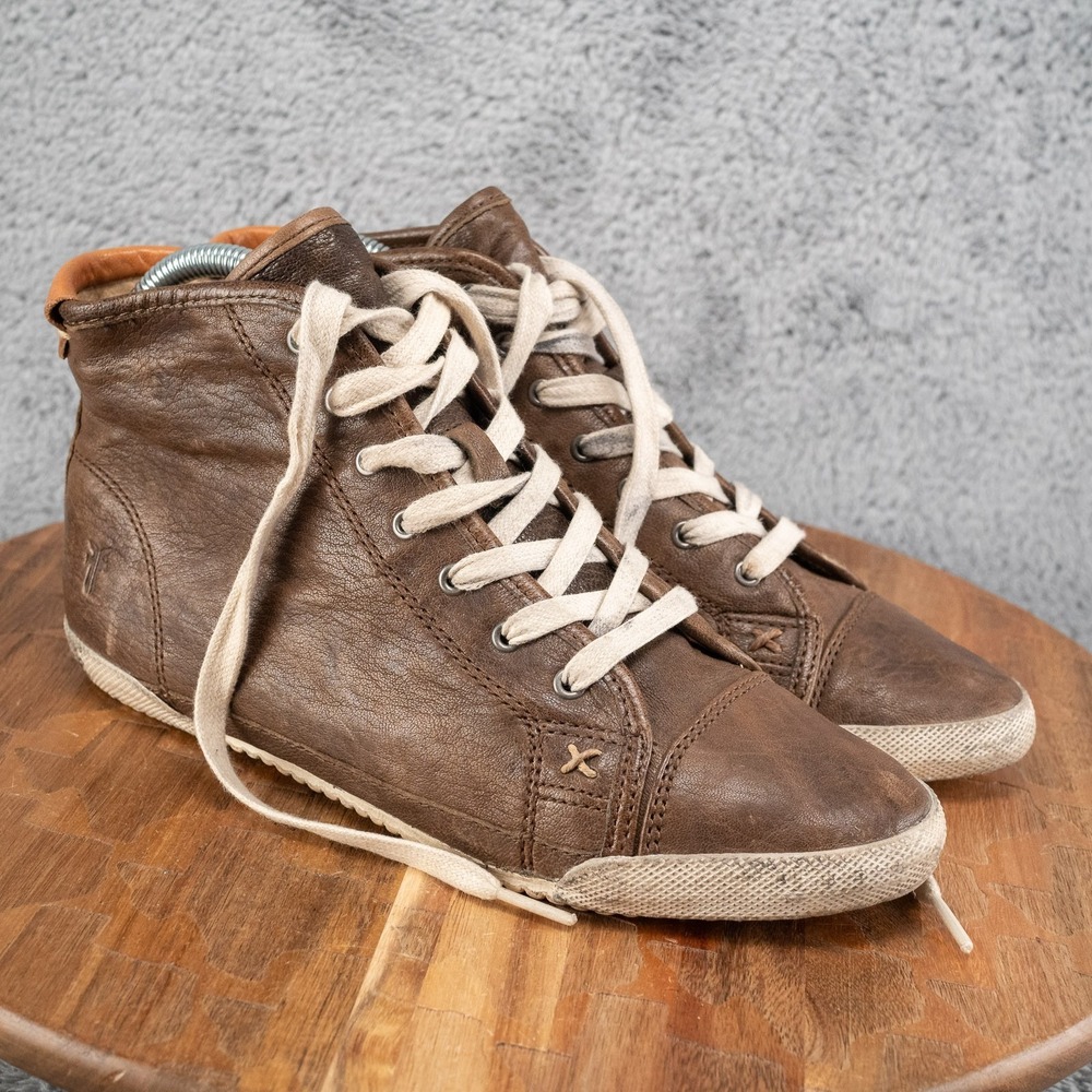 Frye Melanie Leather High Top Sneakers Chukka Cognac Distressed Size 7 M